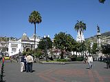 Ecuador Quito 02-03 Old Quito Plaza Grande Cathedral and Virgin On El Panecillo Here is a view from Quito�s Plaza Grande of El Panecillo on the hill on the left with its statue of the Virgin Mary, the Cathedral, and the Liberty Statue on the right.